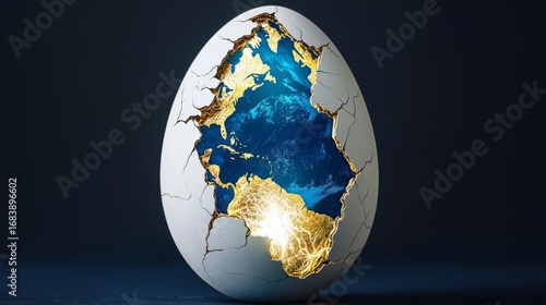 A broken egg reveals a vibrant world inside, symbolizing new beginnings and natural beauty in a conceptual design.