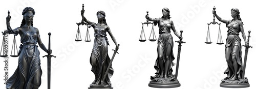 3D Rendering Statue of Lady Justice Holding Scales and Sword, Blindfolded Goddess of Justice Symbolizing Law, Fairness, and Balance isolated on transparent background