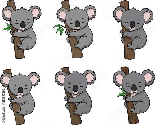 Cute cartoon koalas clinging to trees, playful wildlife animal illustration set for kids, Australian nature and forest themes