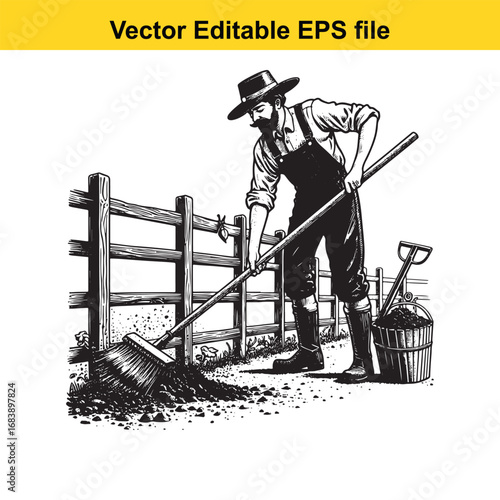 Farmer sweeping dirt with a broom near a wooden fence, vector illustration