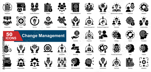 A collection of Change Management icons. Includes adaptation, teamwork, planning, strategy, employee engagement, and more. Ideal for business illustrations and presentations.