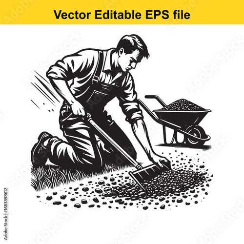 Gardener using a rake to level gravel near a wheelbarrow