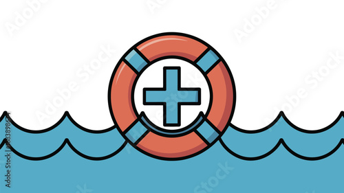 Cartoon life preserver with a cross floats on blue waves against a white background