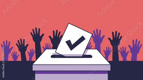 Voting illustration shows ballot box and raised hands for democratic participation