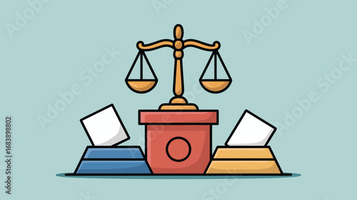 Cartoon scales of justice with ballots representing legal balance and fair voting