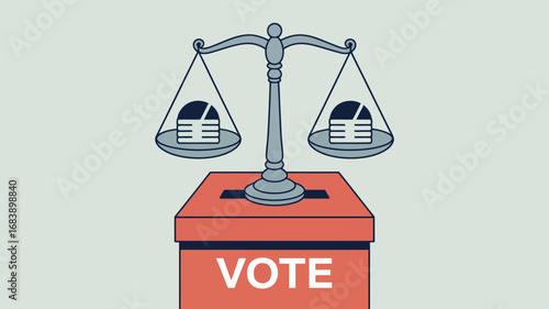 Scales of justice above a ballot box with the word vote emphasizing fair elections