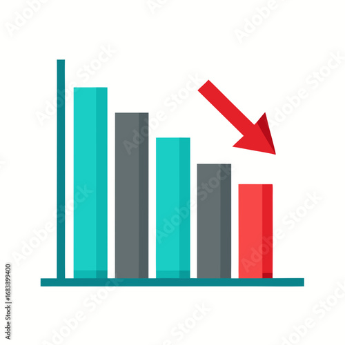 Flat design vector descending bar chart with red arrow illustrating decline and loss