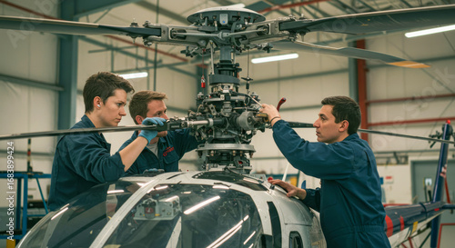 Three engineers repairing helicopter rotor in industrial hangar background