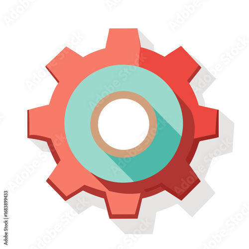 Flat design vector gear icon with internal cogwheel and long shadow