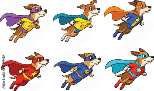 Cute cartoon superhero dogs flying in colorful costumes, adorable pet mascot set, heroic animal illustration, action pose theme, playful vector design collection