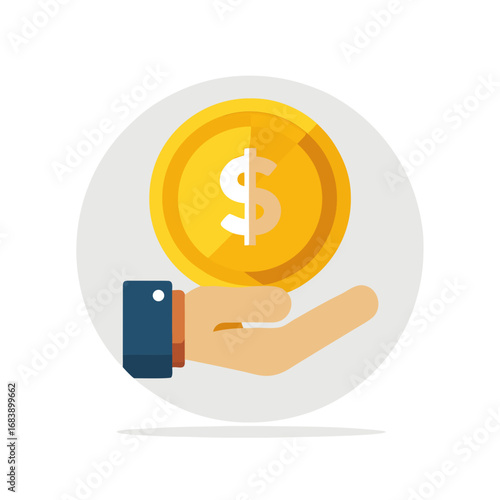 Flat design vector illustration of hand holding golden coin with dollar symbol