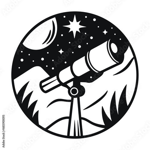 Monochrome Design Featuring Telescope on Mountains Observing a Starry Night Sky
