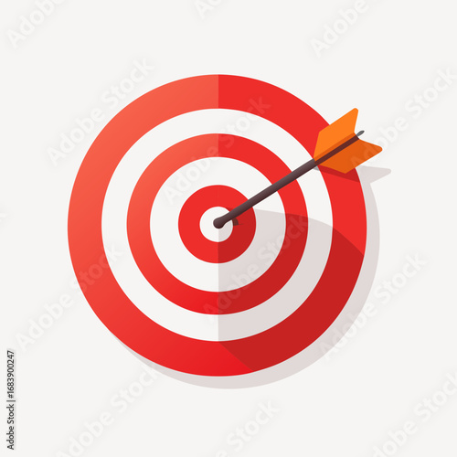 Red and white target illustration with arrow showing perfect aim and success flat design vector