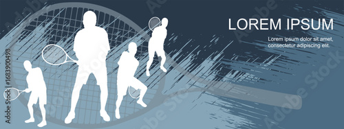 Tennis players with racket silhouettes on grunge background  for sport competition or training concept, banner. Vector illustration