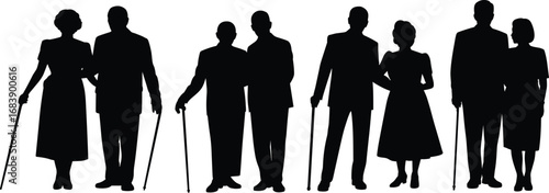 Silhouette of elderly couples standing with walking canes, aged man and woman together, flat vector illustration on white background