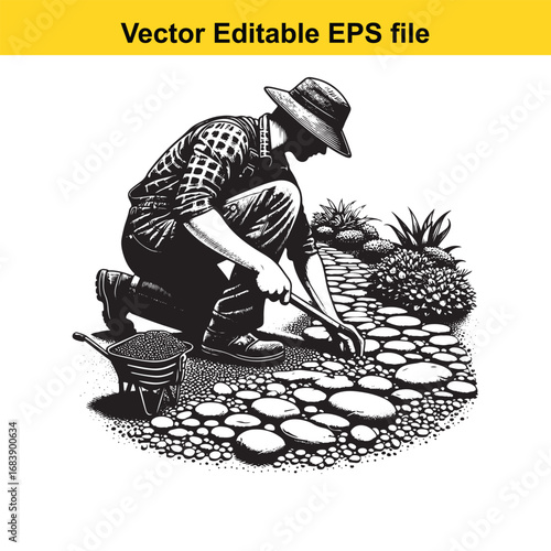 Gardener laying stone path in garden, isolated on white background