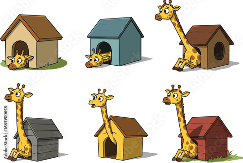 Funny cartoon giraffe with colorful dog houses, humorous oversized animal illustration set for kids, playful pet theme, and educational designs