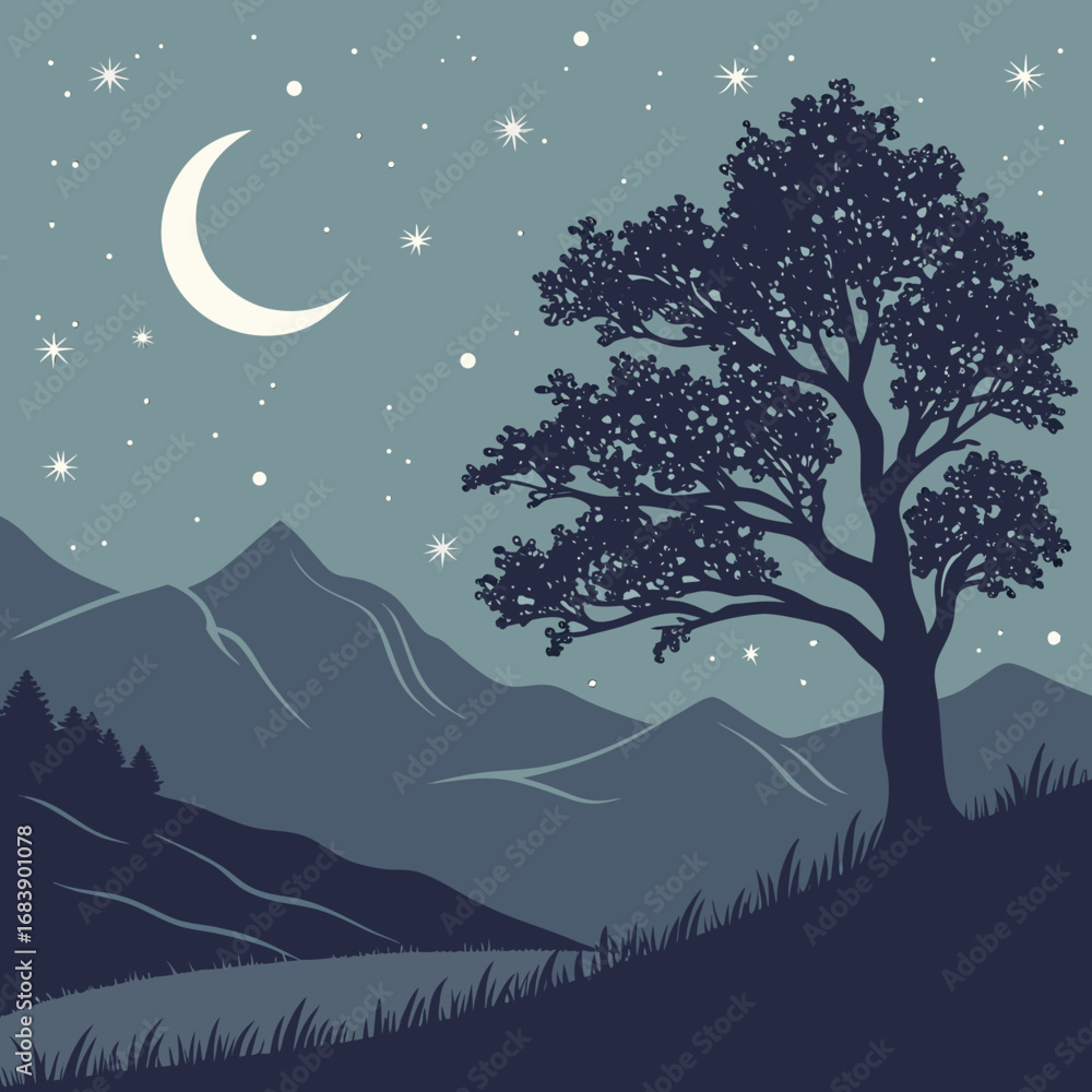 Obraz premium Serene mountain silhouette under starry moonlit night sky vector illustration