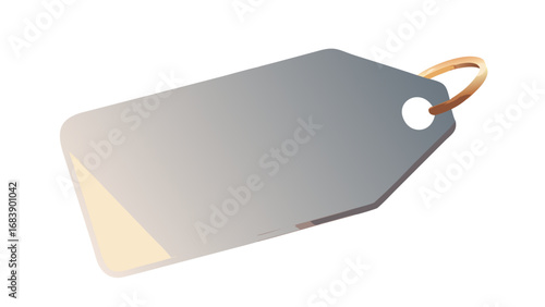 A slightly angled gray tag with a rounded corner and a gold ring attached to a hole at the top corner