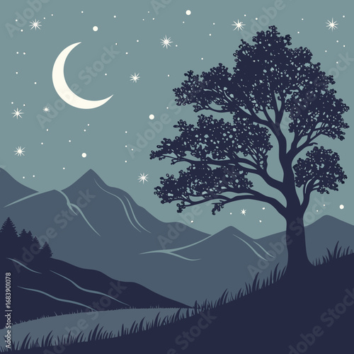 Serene mountain silhouette under starry moonlit night sky vector illustration