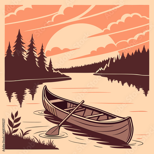 Serene vector canoe on a glowing sunset lake evoking peaceful nature and outdoor adventure
