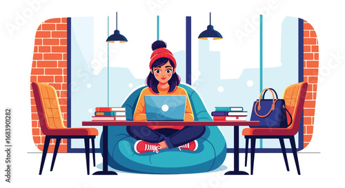 Illustration of a young woman working on a laptop in a café, sitting on a bean bag with coffee and books, symbolizing freelance work, study, and modern digital lifestyle