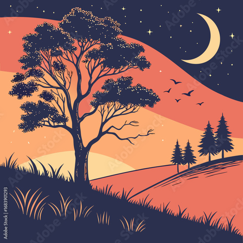 Beautiful vector illustration of a tree and rolling hills transitioning from sunset to night sky