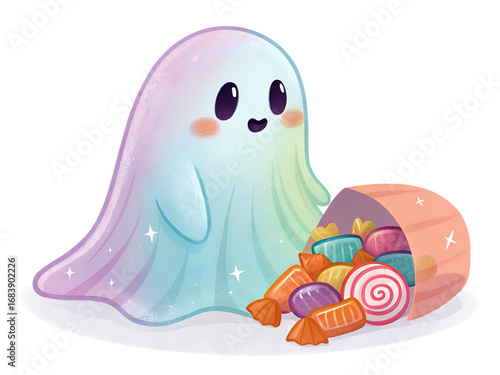 Pastel ghost peeking from behind candy, transparent background