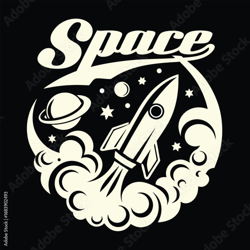 Retro Space Exploration Emblem with Rocket, Planets, and Stars for Science T-shirt Design