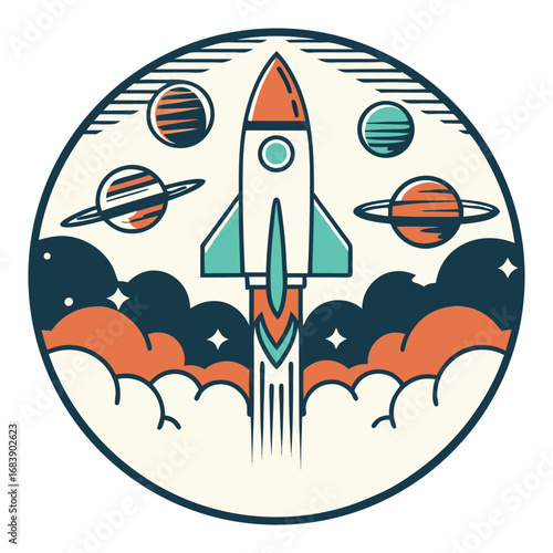 Whimsical Rocket Launch Badge Exploring Space and the Wonders of the Universe