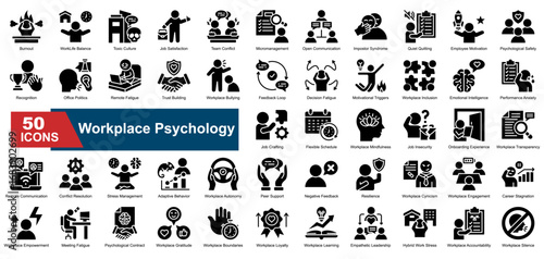 Workplace Psychology icon set. Containing burnout, emotional intelligence, conflict resolution, feedback loop, team conflict, impostor syndrome, quiet quitting, stress, trust, and work-life balance.