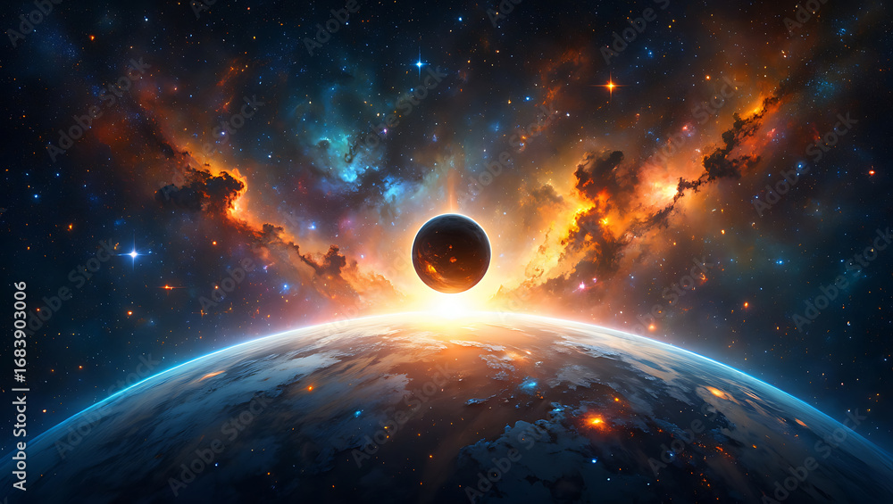 Obraz premium A celestial event as a dark planet rises over earth, illuminated by a vibrant nebula and distant stars
