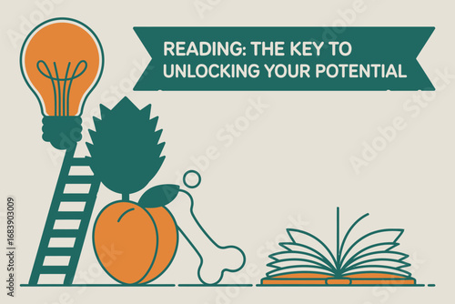 Reading unlocks potential with a book peach ladder and lightbulb illustration