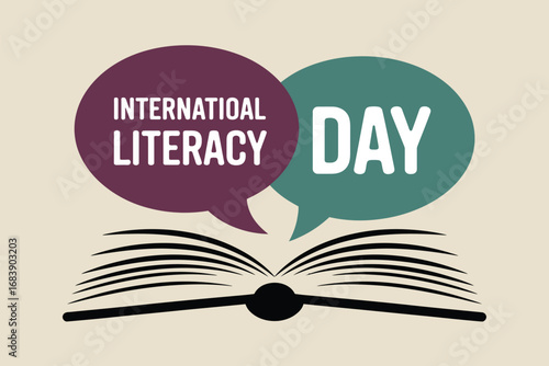 International literacy day graphic with open book and speech bubbles illustration