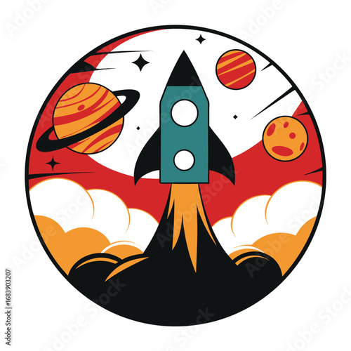 Whimsical Space Launch Illustration with Planets and Stars