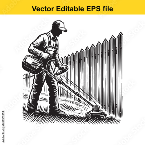 Man mowing lawn with a string trimmer next to a wooden fence, vector illustration