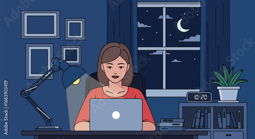 Colorful vector illustration of a woman working late at night on a laptop in a home office with desk lamp and moonlit window, symbolizing productivity, focus, and remote work lifestyle