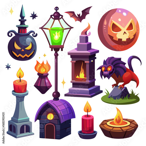 Collection of spooky halloween elements including a jack o lantern bat candles and a mythical creature