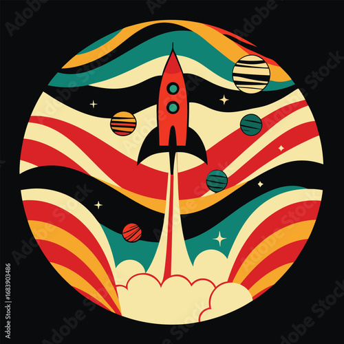 Retro Rocket Launch to Space with Planets and Stars Illustration