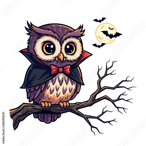 Adorable Halloween owl sitting on spooky tree branch with bats and full moon cartoon illustration