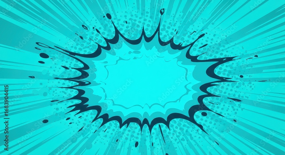 Fototapeta premium Turquoise Comic Book Explosion with Dark Outline and Speed Lines.