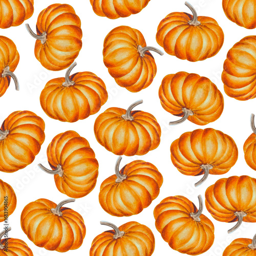 Watercolor seamless pattern with orange pumpkins on a white background. Autumn illustration for packaging design, fabrics, wallpapers, cards and decor.