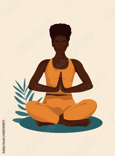 Beautiful black women in traditional lotus position on a light background. Flat illustration. Poster for yoga studio. Vector EPS10.