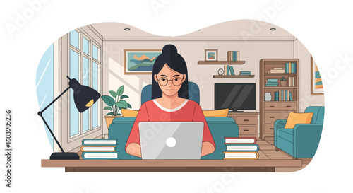 Colorful vector illustration of a woman working on a laptop at home surrounded by books and modern decor, symbolizing remote work, online learning, and creative digital lifestyle