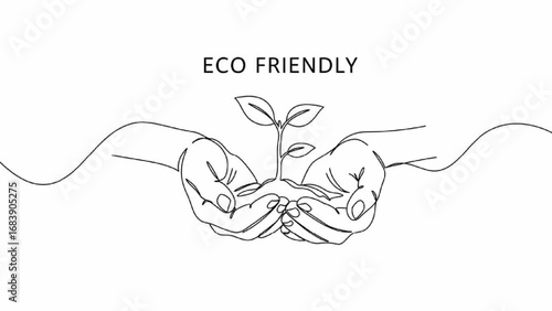 Eco Friendly Hands Icon – Continuous Single Line Drawing of Hands Holding a Plant, Minimal Black and White Design
