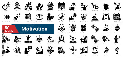 A collection of Motivation icons. Containing energy, passion, goals, coaching, team spirit, achievement, and daily drive. Ideal for productivity and positive mindset.	