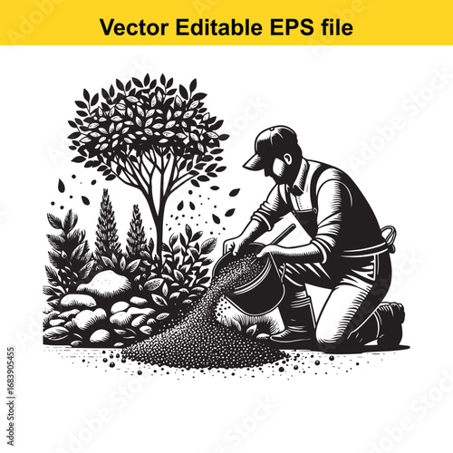 Gardener planting seeds in a garden with trees and rocks