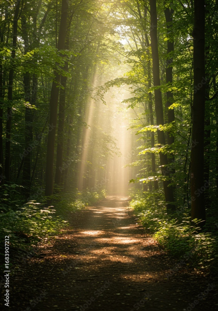 Fototapeta premium Sunlit Forest Path: A Tranquil Morning Scene