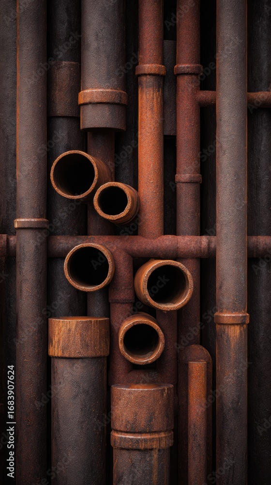 Close-up view of various rusty pipes arranged against a weathered wall, highlighting the textures and colors from years of exposure in an urban environment Close-up view of various rusty pipes arranged against a weathered wall, highlighting the textures and colors from years of exposure in an urban environment