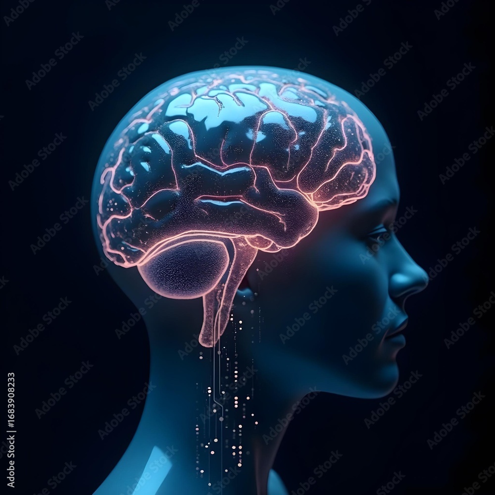 Fototapeta premium A striking fusion of human brain anatomy with glowing digital circuits, symbolizing AI integration, neuroscience, and future technology.